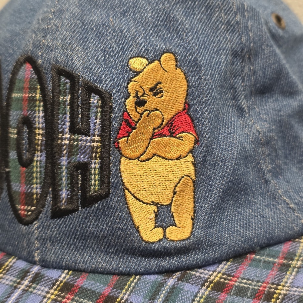 Vintage Disney Embroidered Winnie The Pooh Hat Elastic Band Blue Plaid Denim - Picture 3 of 13